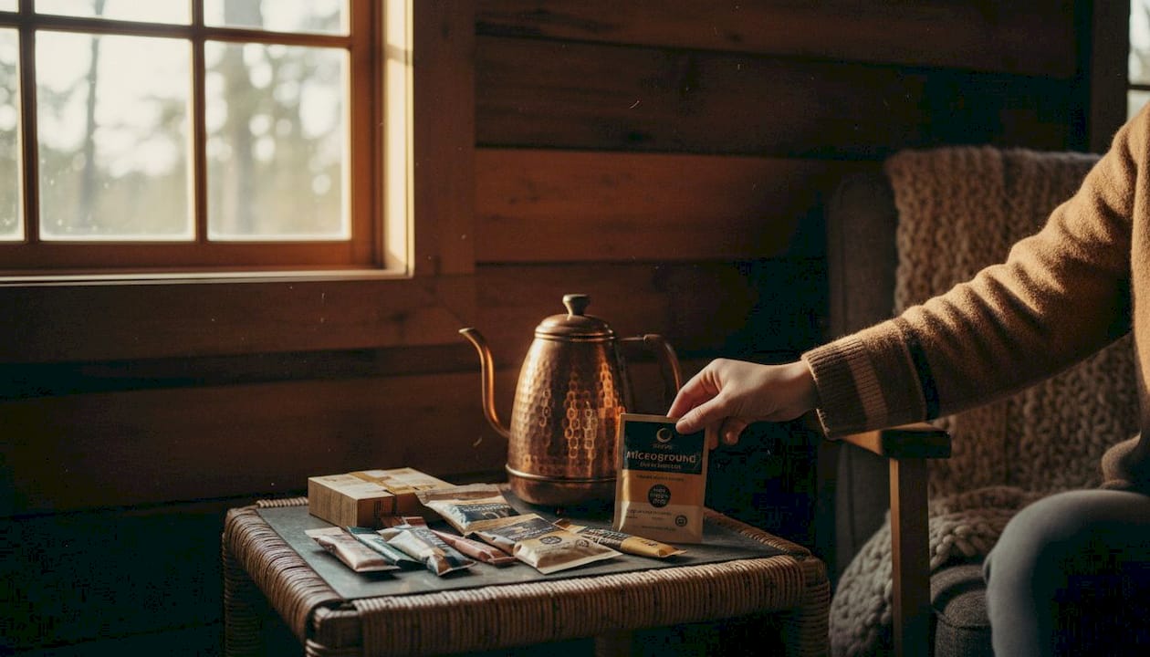 Travel coffee sticks and kettle in cozy kitchen