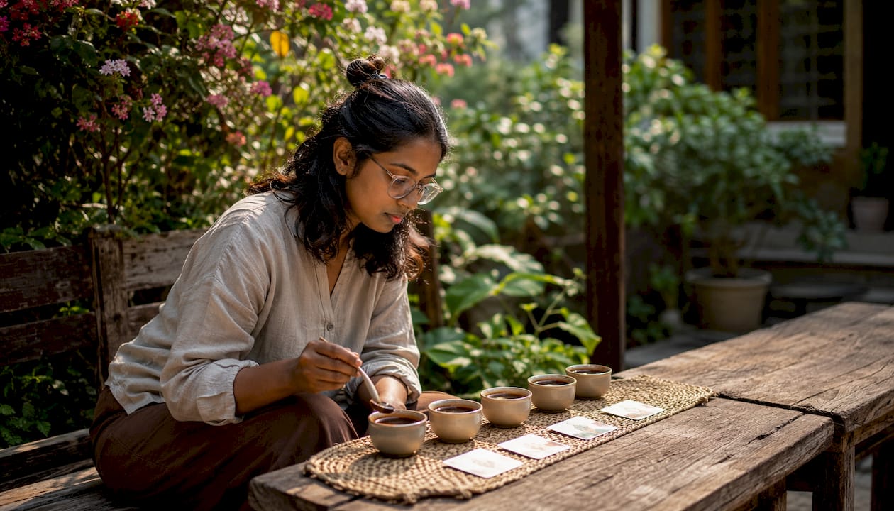 Woman tasting coffee flavors at cafe table