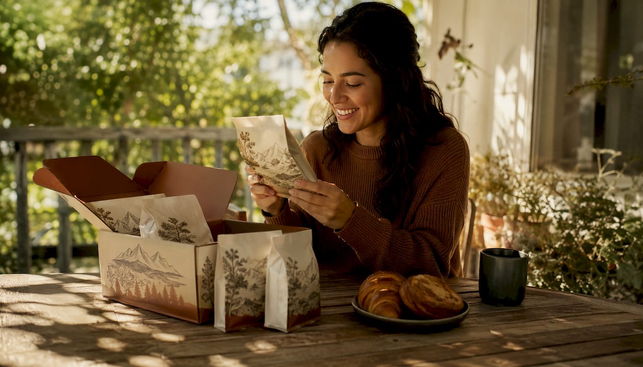 Woman unpacking curated coffee packages at kitchen counter