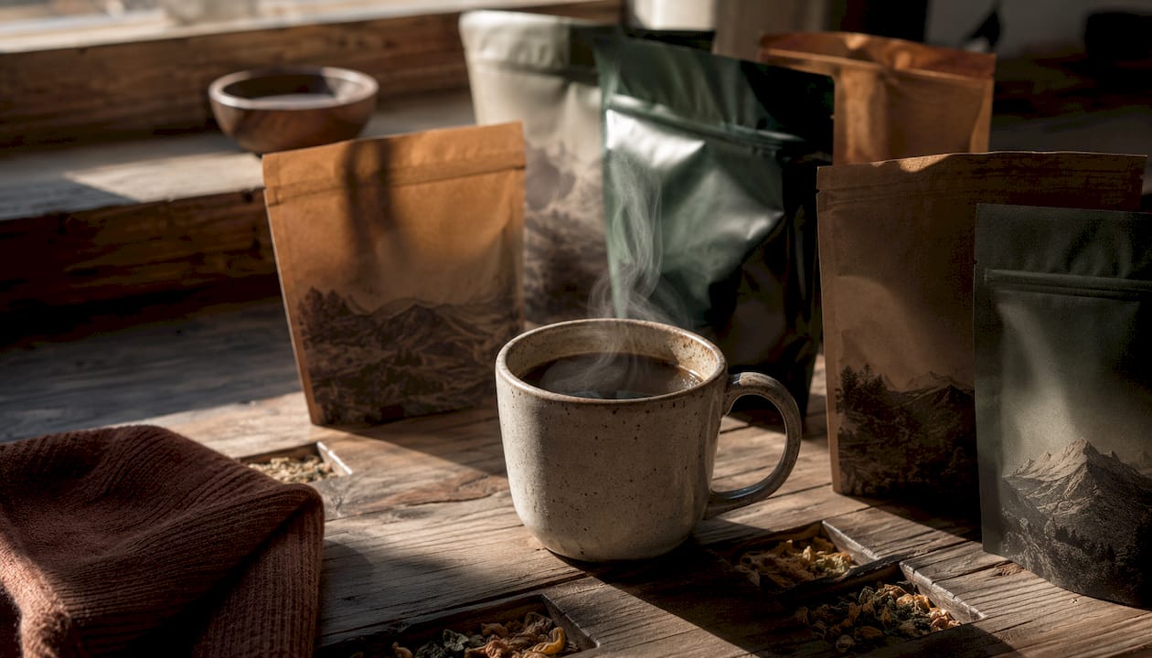 Subscription coffee packages on rustic kitchen counter