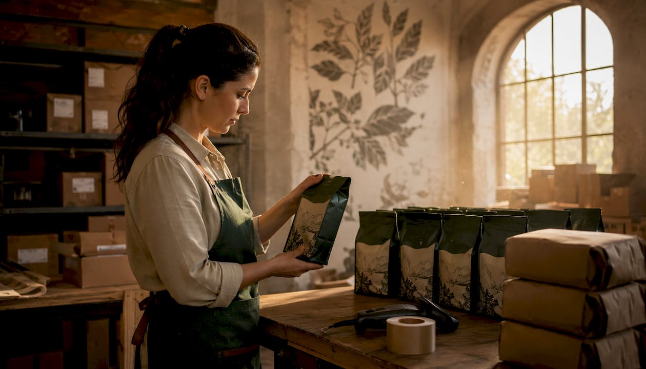 Worker inspecting freshly roasted coffee bags