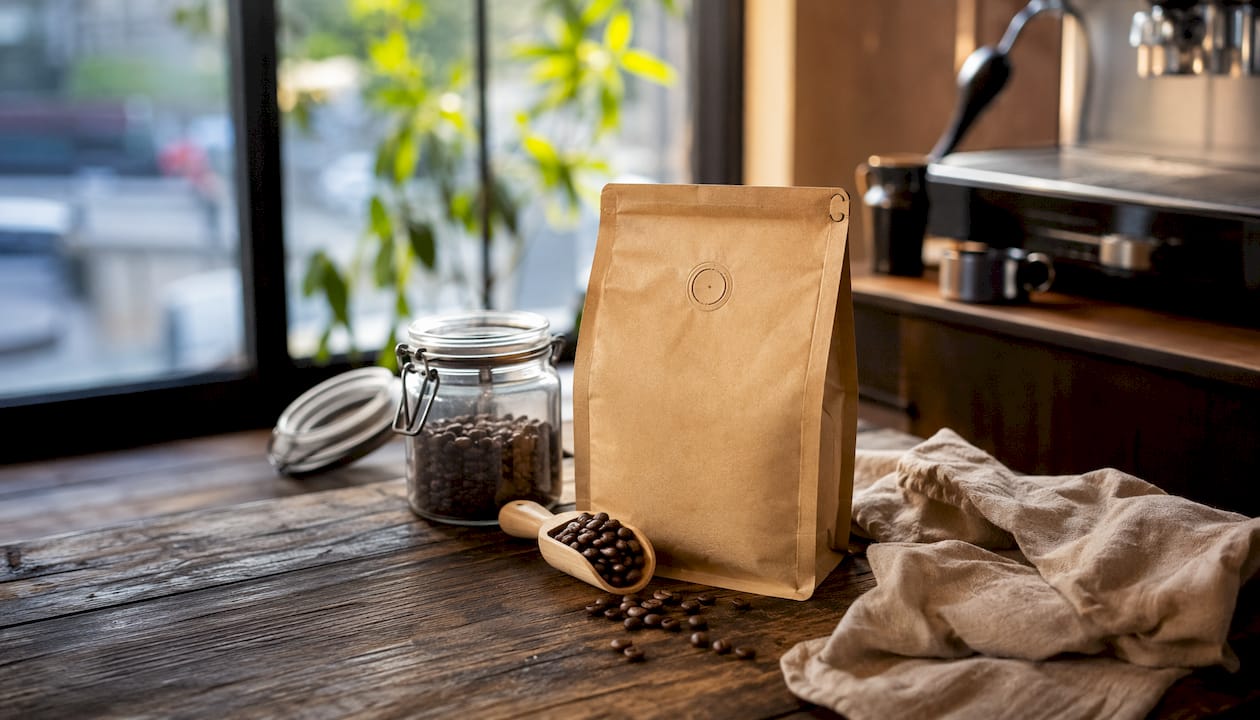 Close-up of aroma-valve coffee packaging
