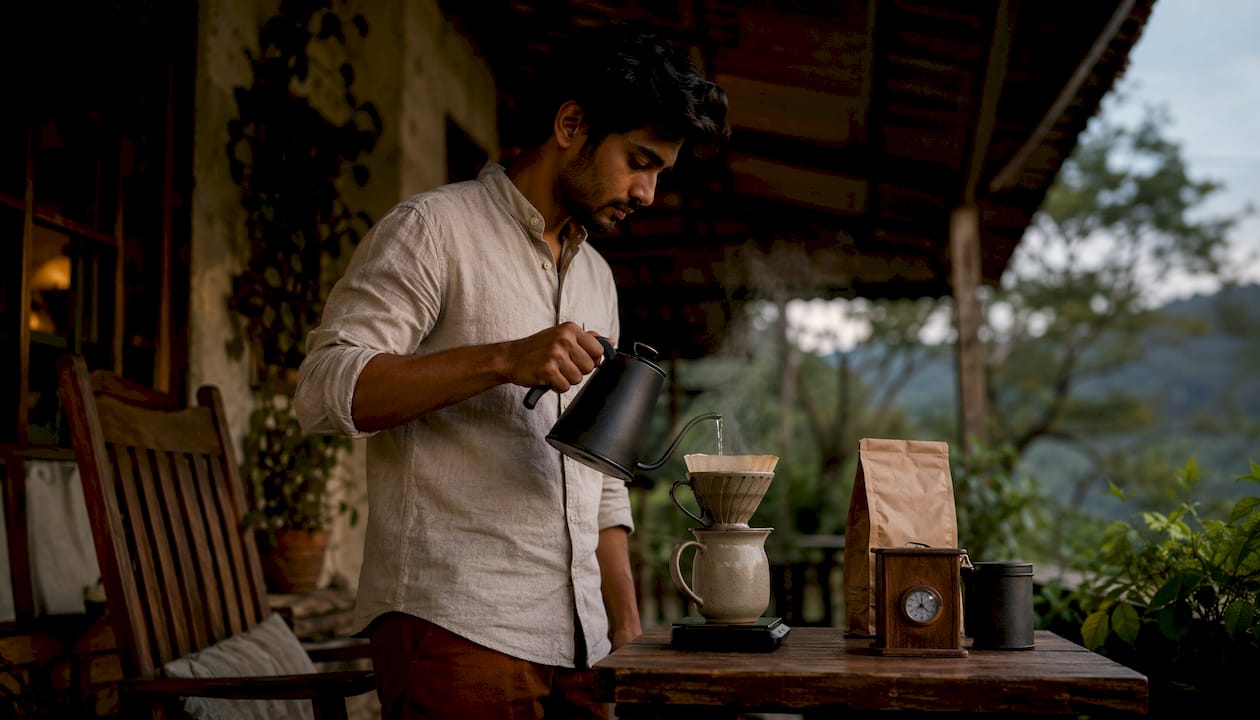 Man brewing coffee with pour-over and timer