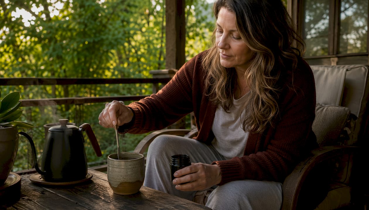 Woman preparing mushroom coffee at home