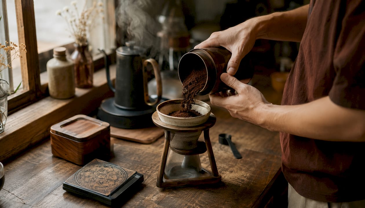 Hands preparing Robusta espresso coffee