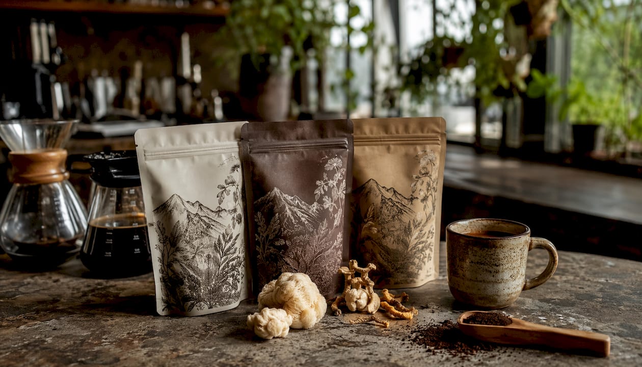 Overhead view of mushroom coffee packages and brewed cup