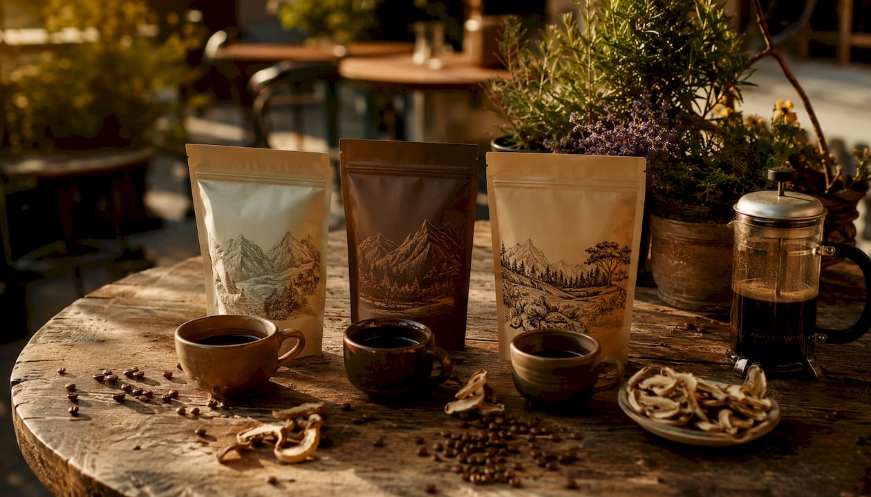 Overhead view of mushroom coffee packages and cups