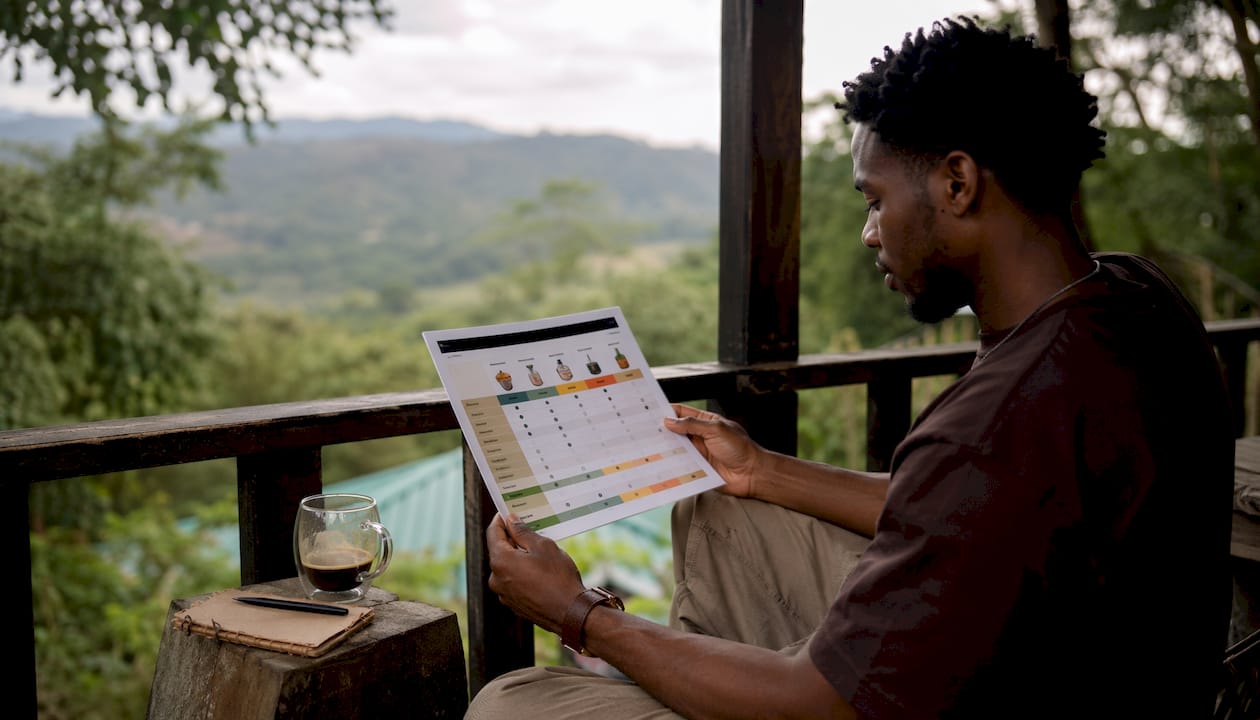 Man reviewing mushroom coffee comparison chart in café