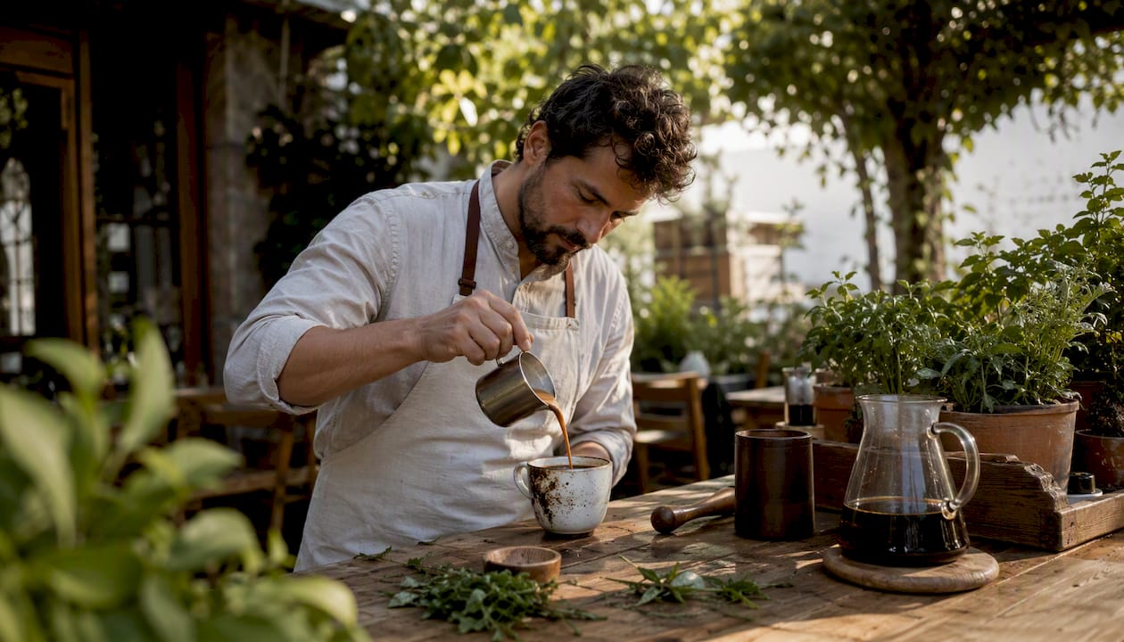 Barista pulling espresso into brewed tea at coffee shop counter