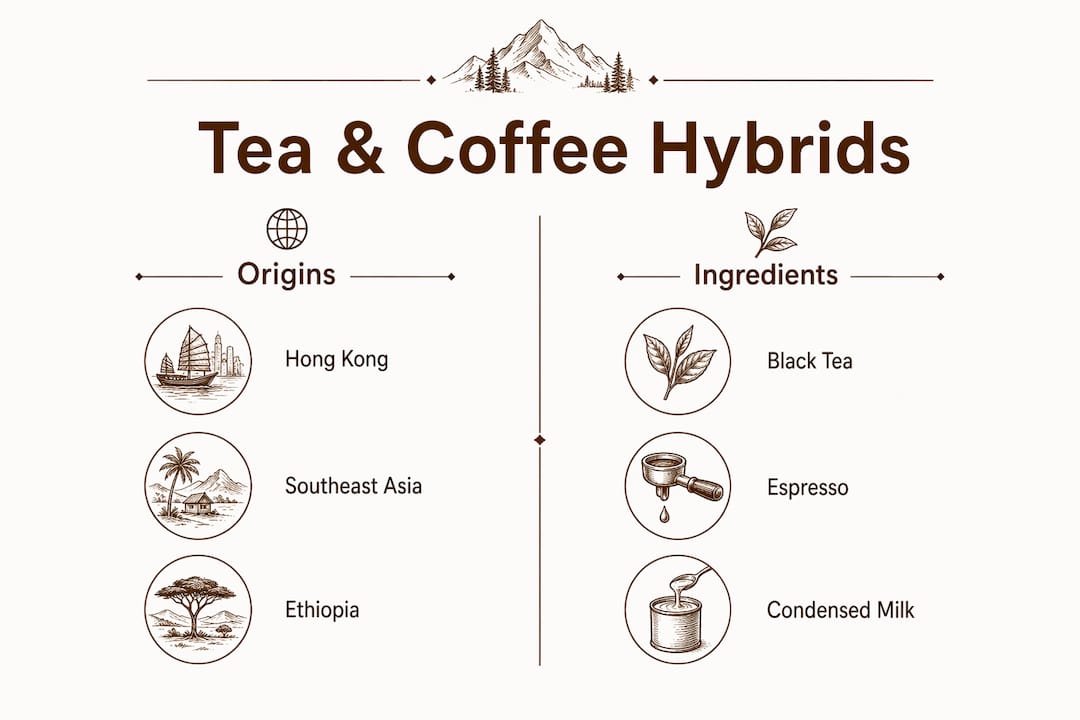Infographic comparing origins and ingredients of tea coffee hybrids