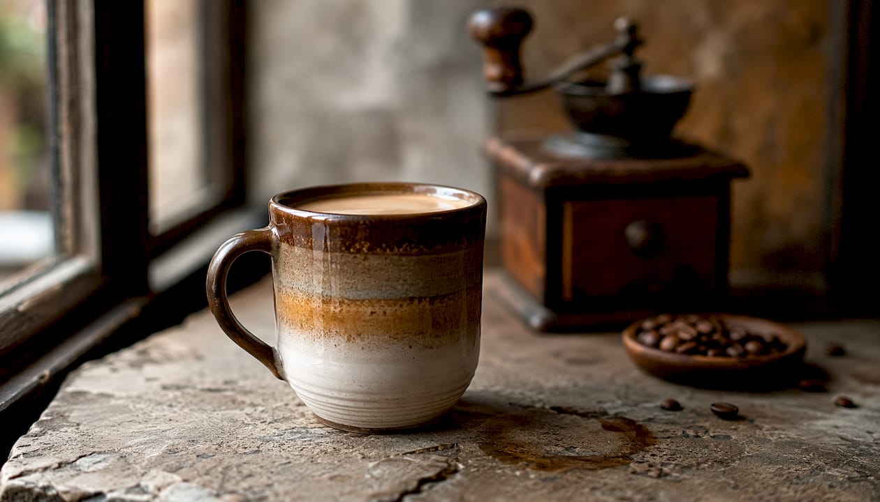 Close-up of distinct coffee and milk layers