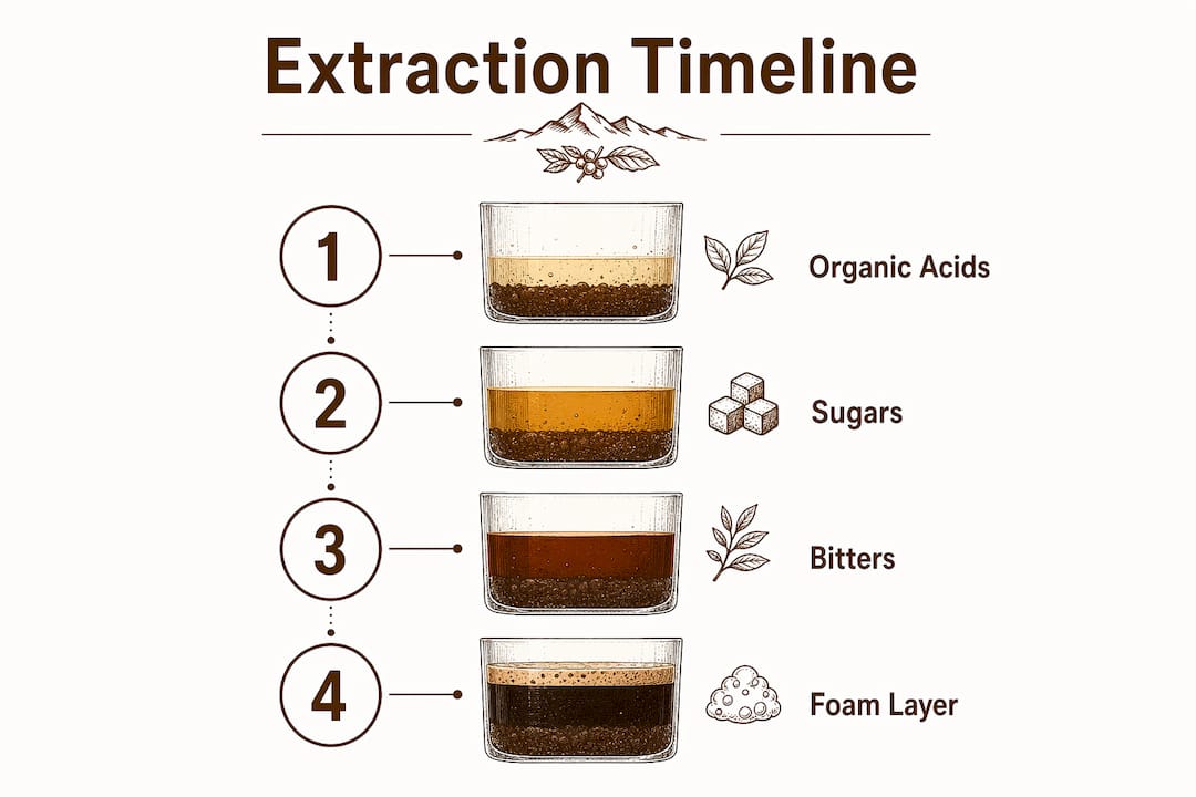 Infographic showing coffee extraction timeline layers