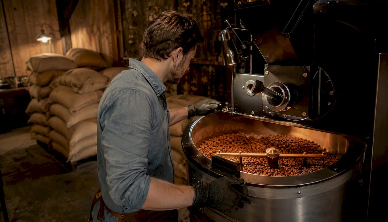 Barista checking coffee drum roast beans