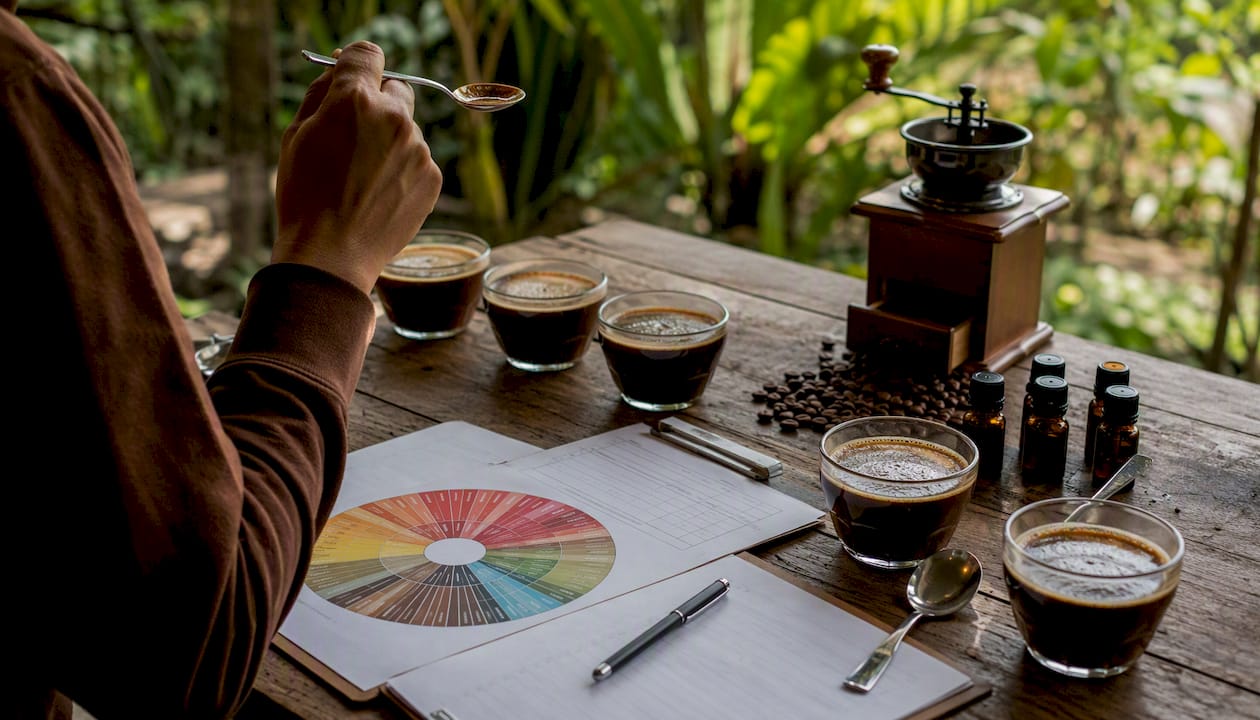 Coffee cupping setup with tasting tools and samples