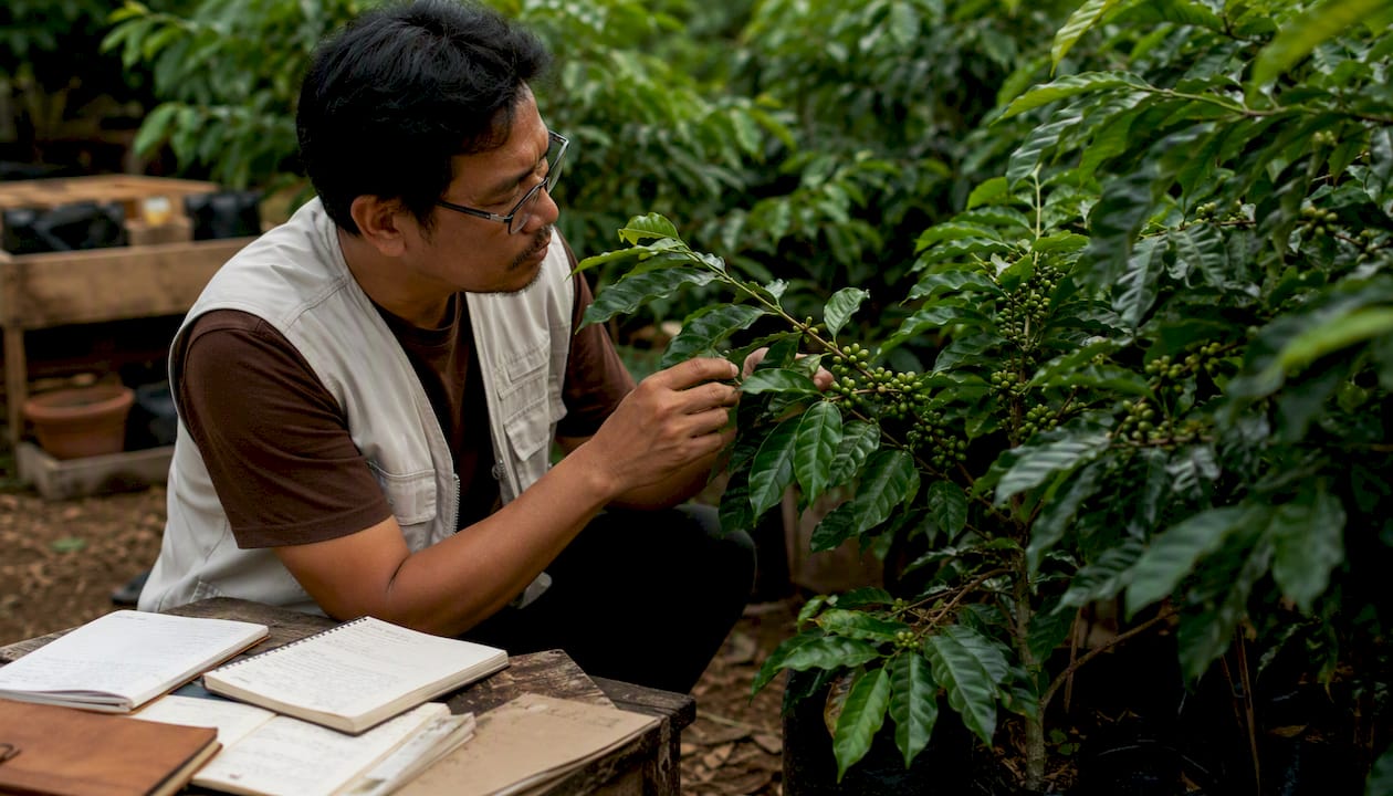 Scientist examining coffee plant leaves and beans