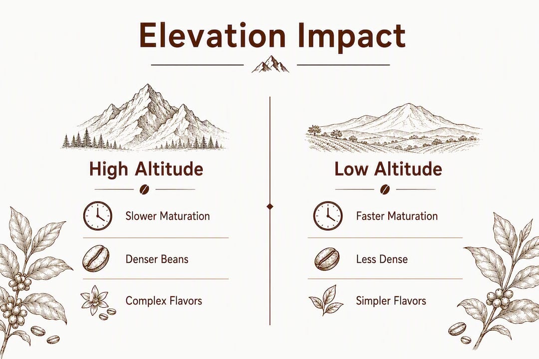 Infographic comparing high and low altitude coffee characteristics