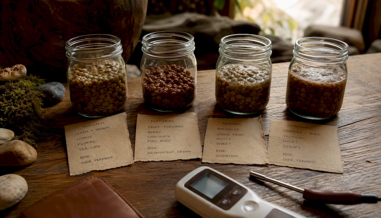 Top view of jars comparing coffee fermentation methods