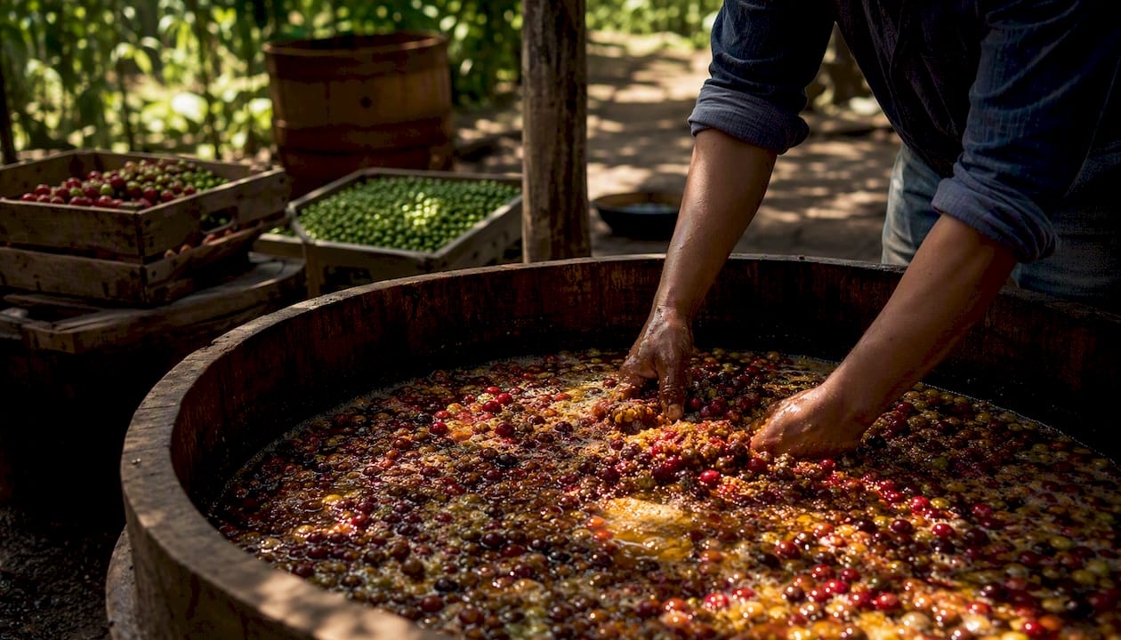 Hands stirring coffee cherries with fruit pulp in fermentation tank