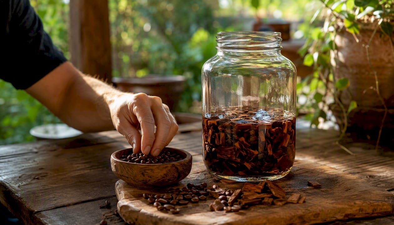 Hands adding whole coffee beans to bourbon jar infusion