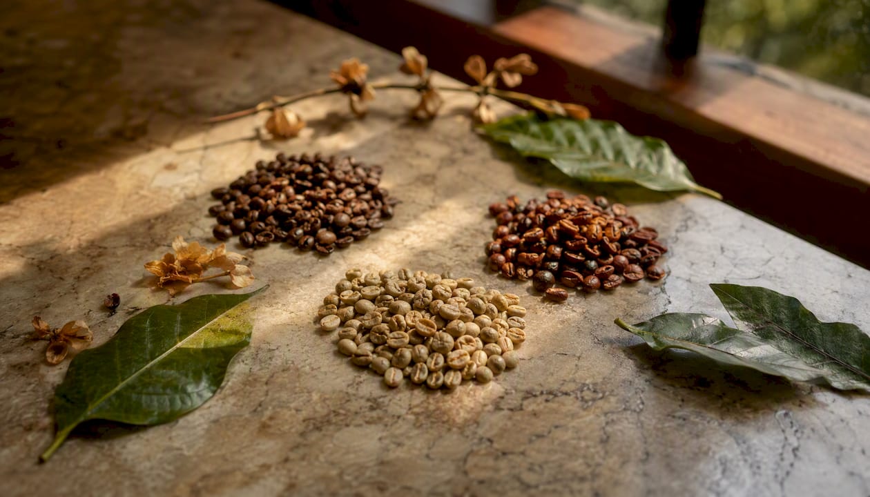 Three types of coffee beans showcasing processing methods