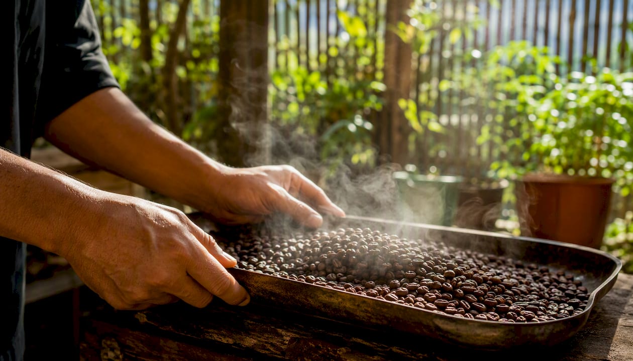 Hands stirring fresh roast coffee beans on cooling tray
