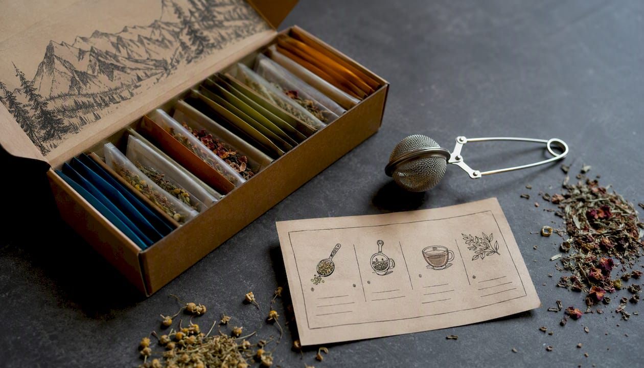 Herbal tea sampler with infuser and brew guide card
