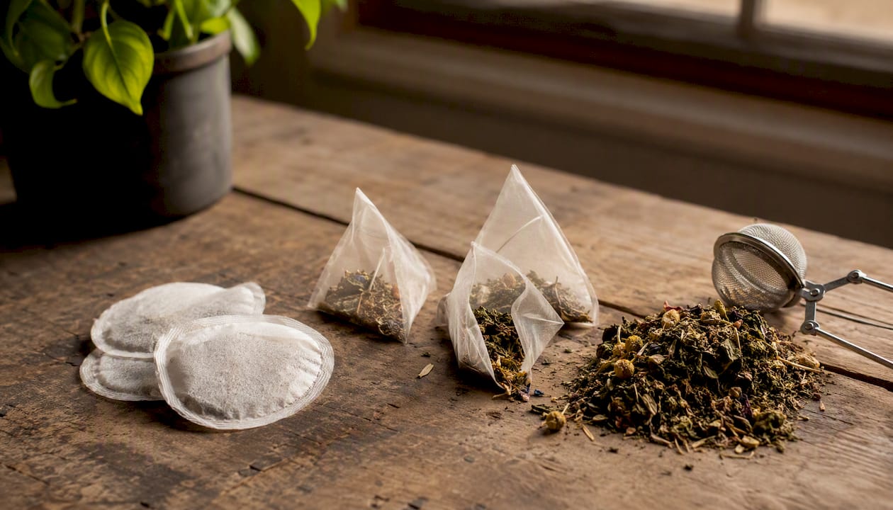 Various herbal tea formats displayed on linen cloth
