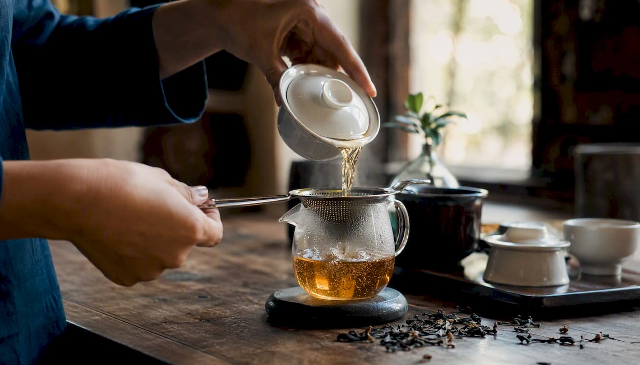 Tea pouring through strainer into fairness pitcher