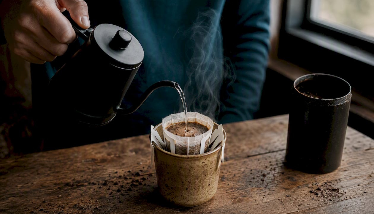 Pouring water over coffee grounds blooming in pour-over packet