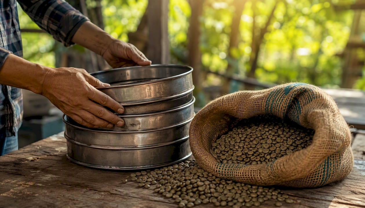 Hands stacking coffee bean grading sieves overhead