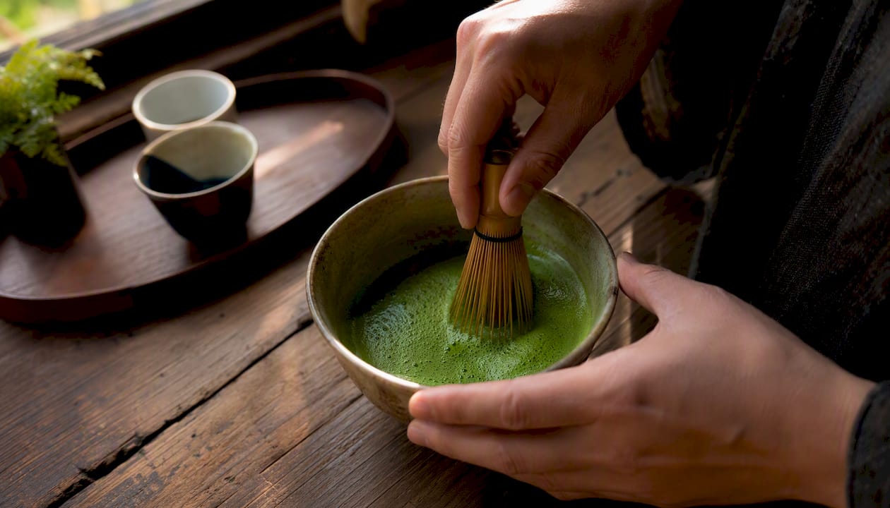 Hands whisking bright green matcha in bowl