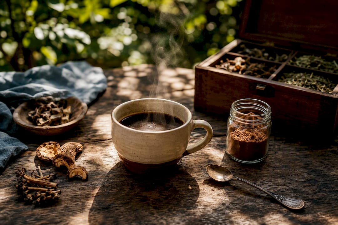 Mushroom powder and brewed coffee on rustic table