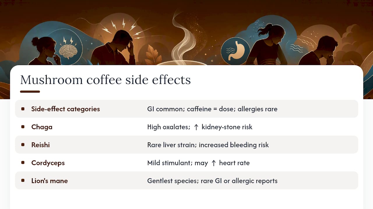 Comparison chart of mushroom coffee side effect categories