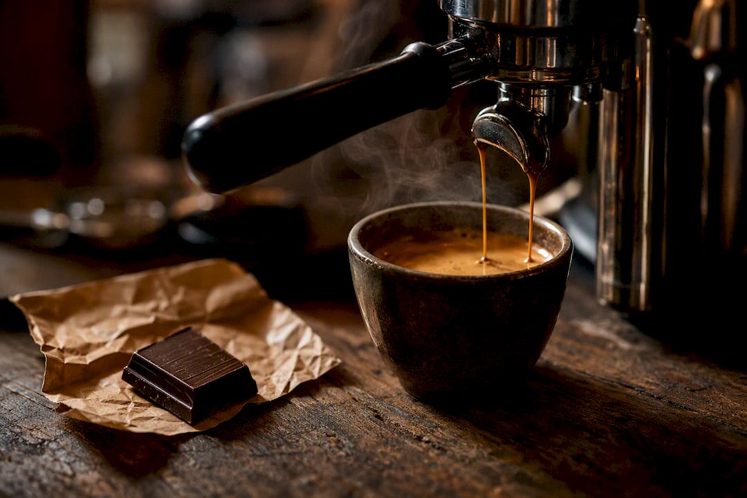 Espresso shot pouring with dark chocolate beside cup