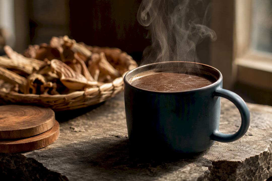 Fresh mushroom coffee steaming in ceramic mug