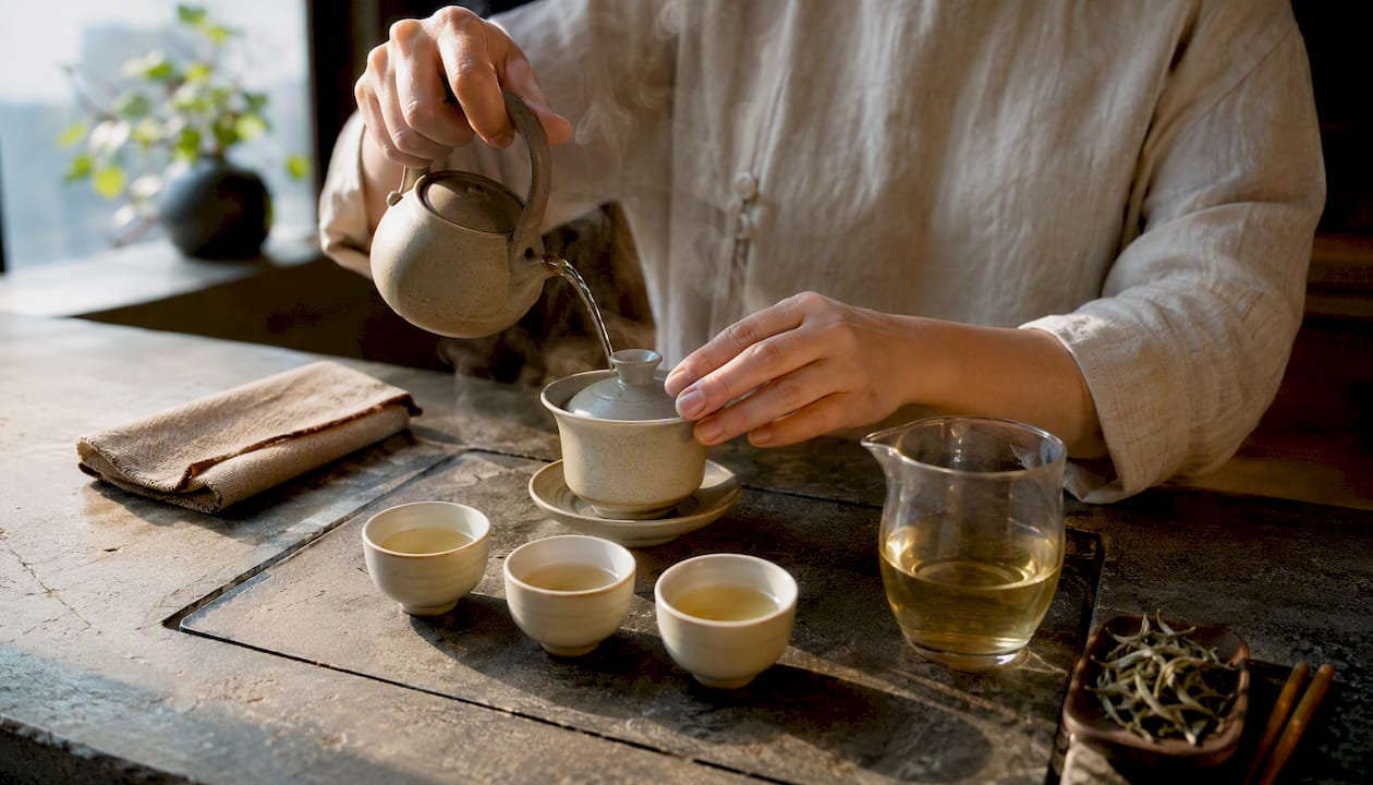 Hands preparing gongfu white tea infusion