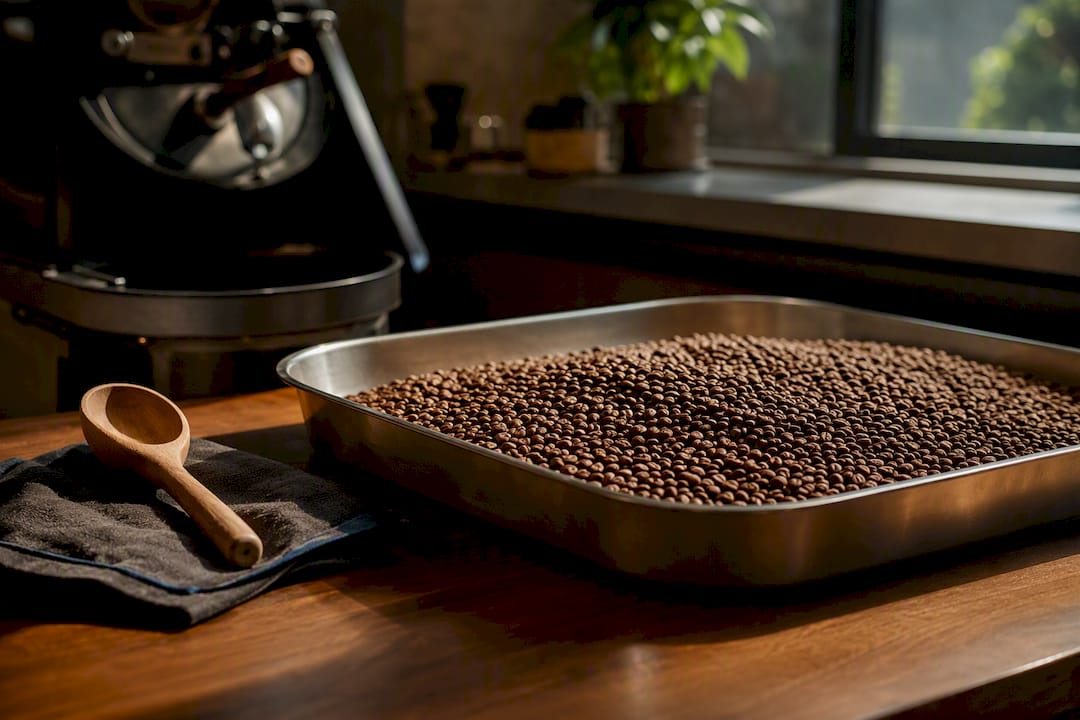Freshly roasted beans resting in cooling tray