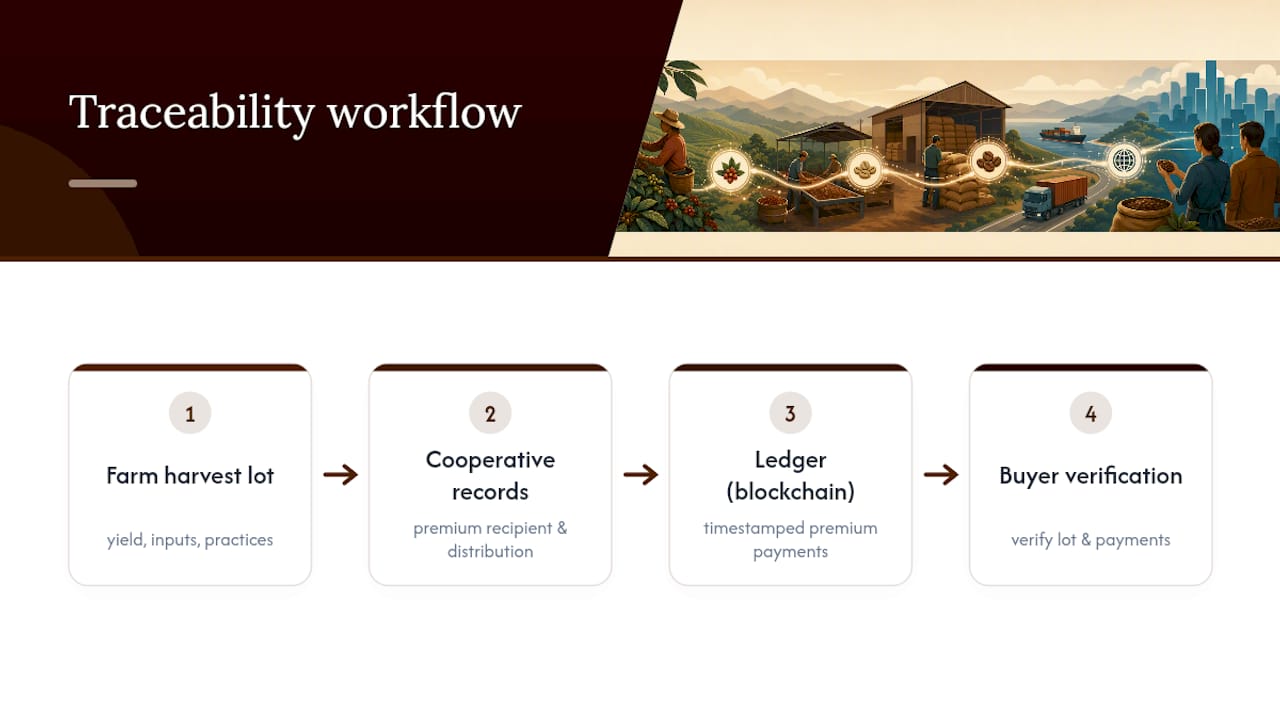 Coffee traceability and premium verification workflow