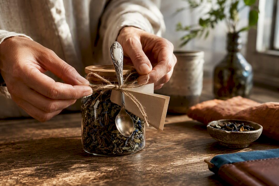 Hands personalizing a loose-leaf tea gift
