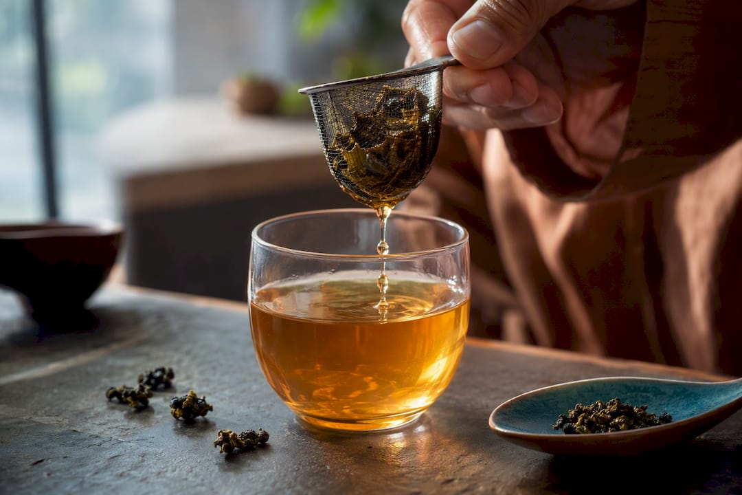 Second oolong infusion dripping into cup