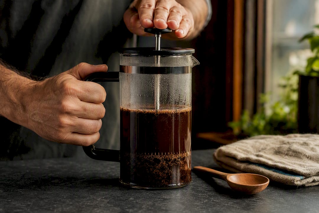 Hands slowly pressing French press plunger