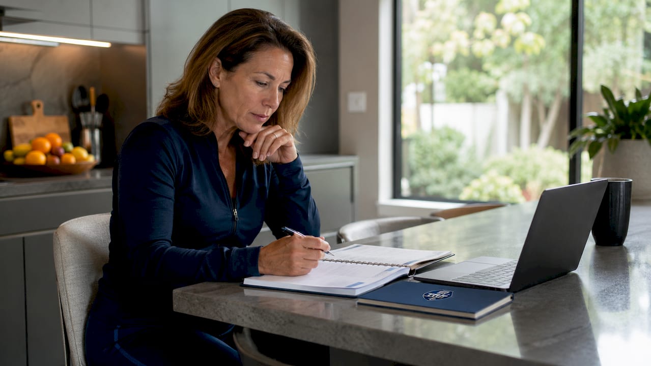 Woman reviewing fitness progress notebook