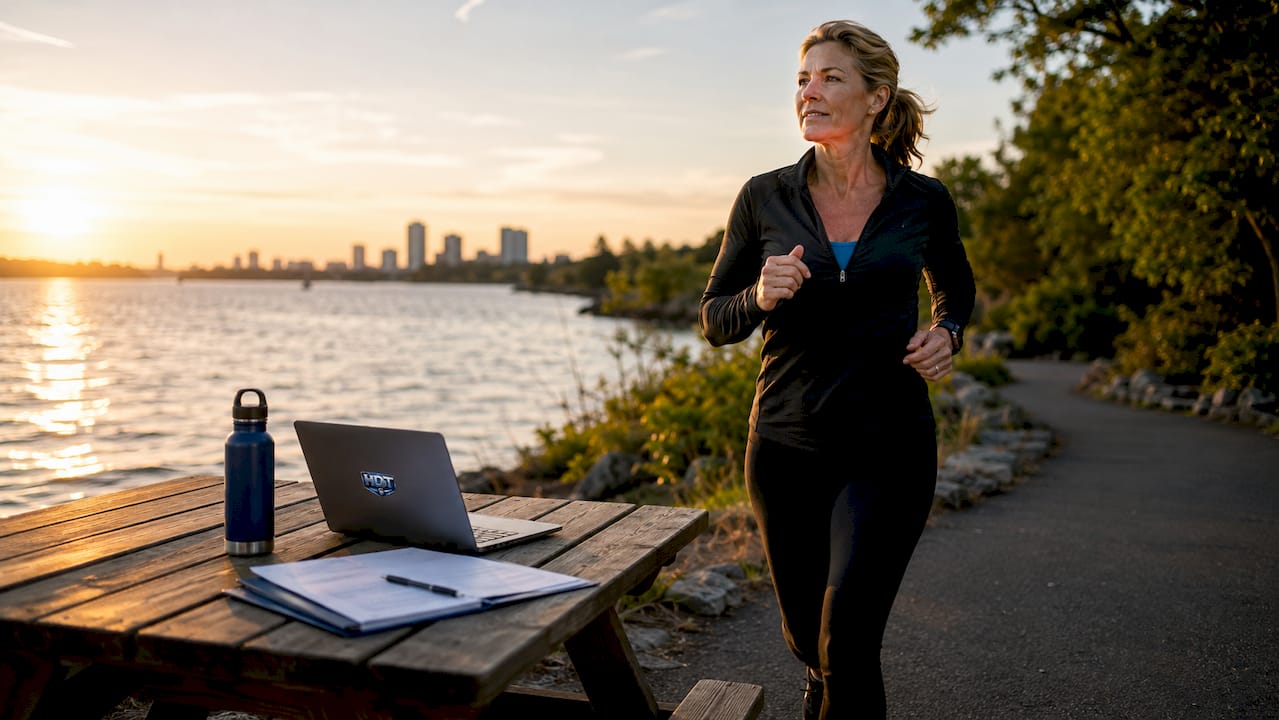 Woman executing morning run in urban park