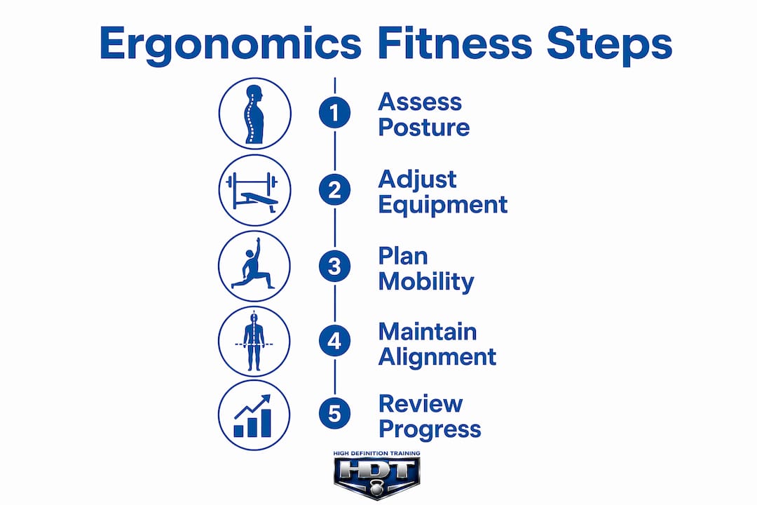 Infographic illustrating five ergonomic fitness steps