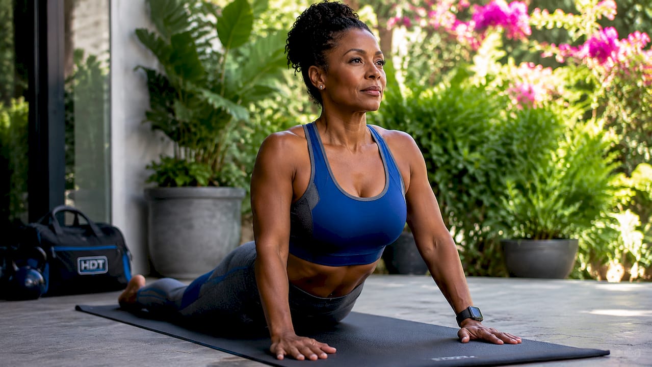 Woman stretching in home gym morning light