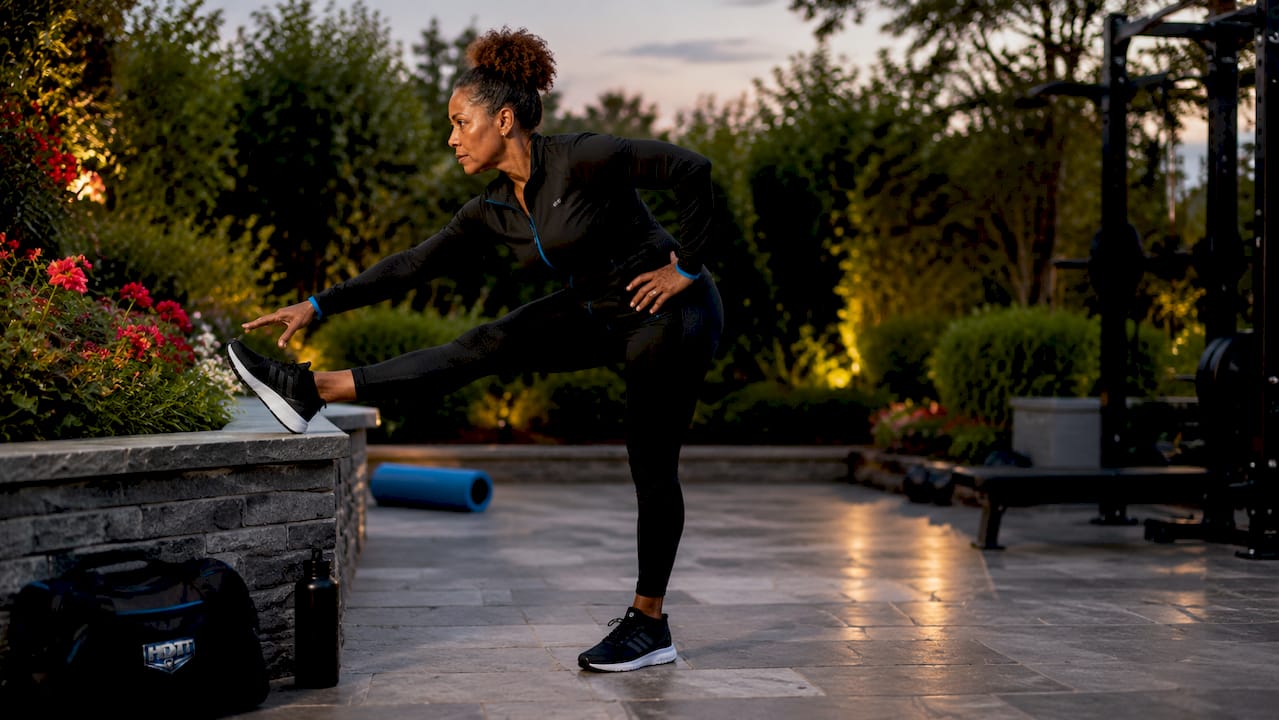 Mature woman stretching indoors for injury prevention