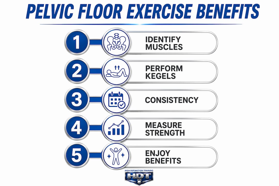 Infographic showing steps of pelvic floor exercise benefits