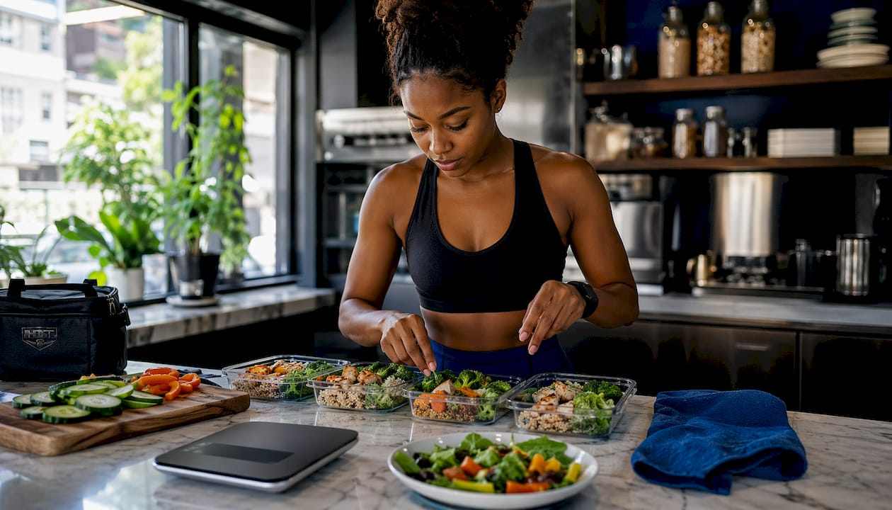 Woman packing healthy meal prep containers in kitchen