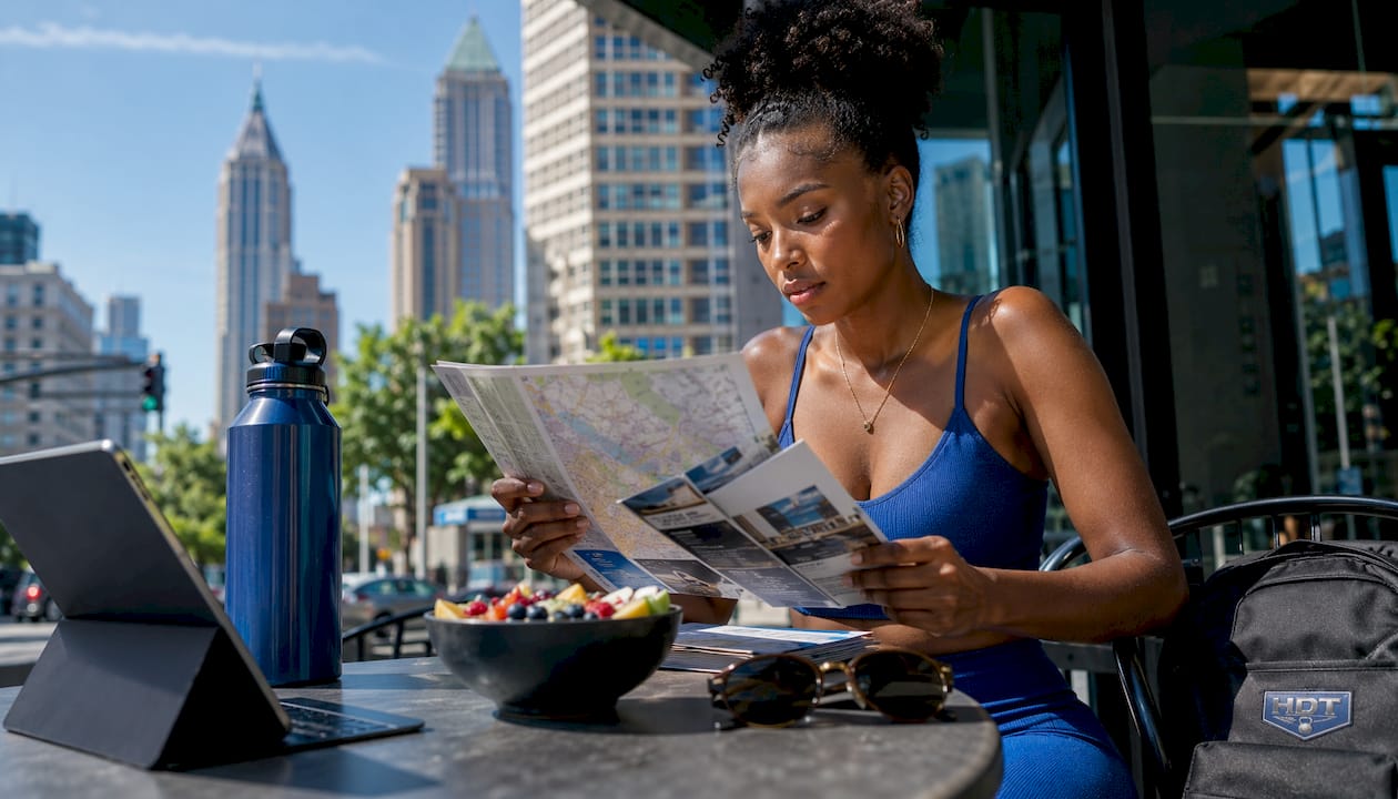 Woman reviewing boutique fitness options in Atlanta