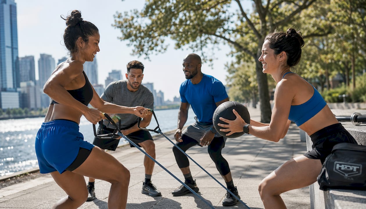 Group jogging outdoors fitness stages